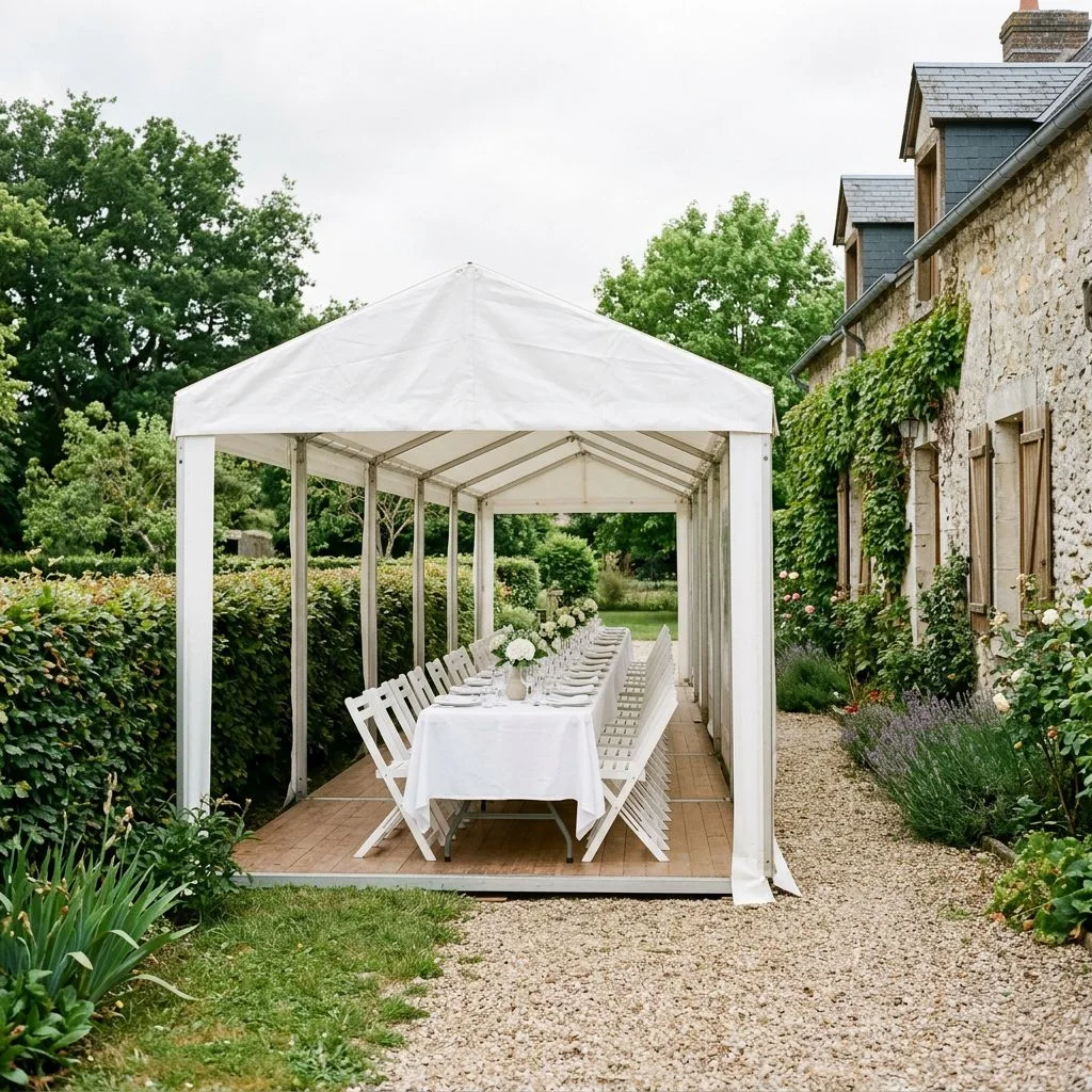 Chapiteau de réception installé dans un jardin