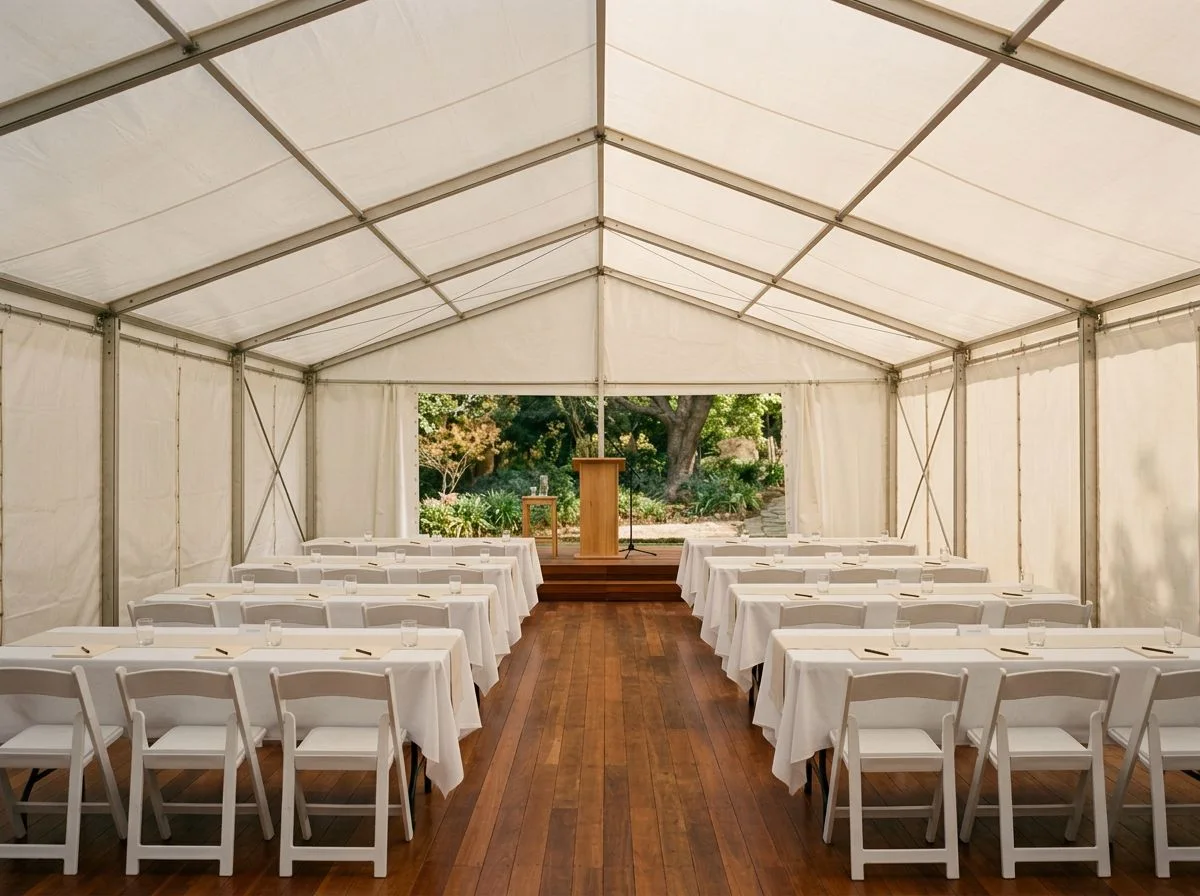 Chapiteau de 60 m² configuré pour une conférence