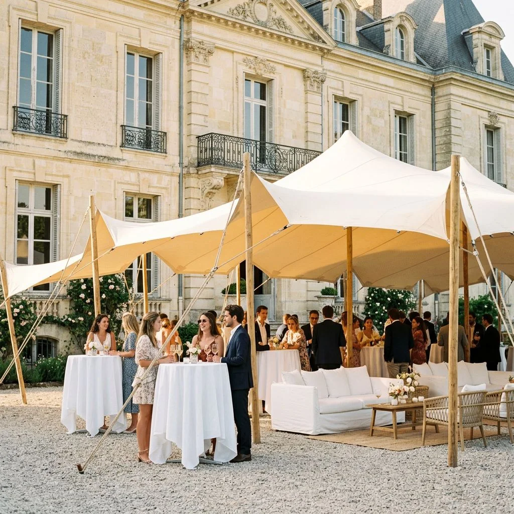 Tente stretch dressée pour un cocktail au château