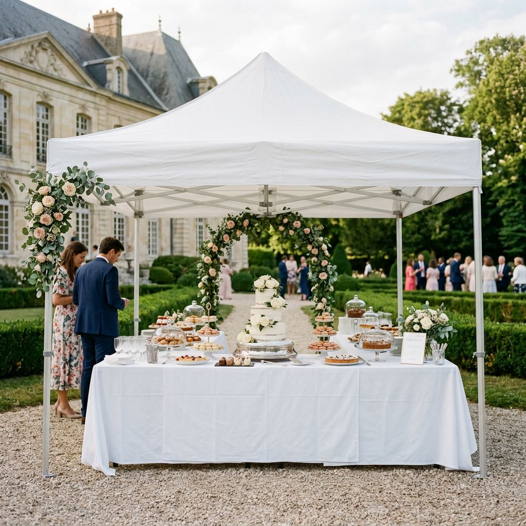 Tente pliante blanche aménagée pour un buffet de mariage
