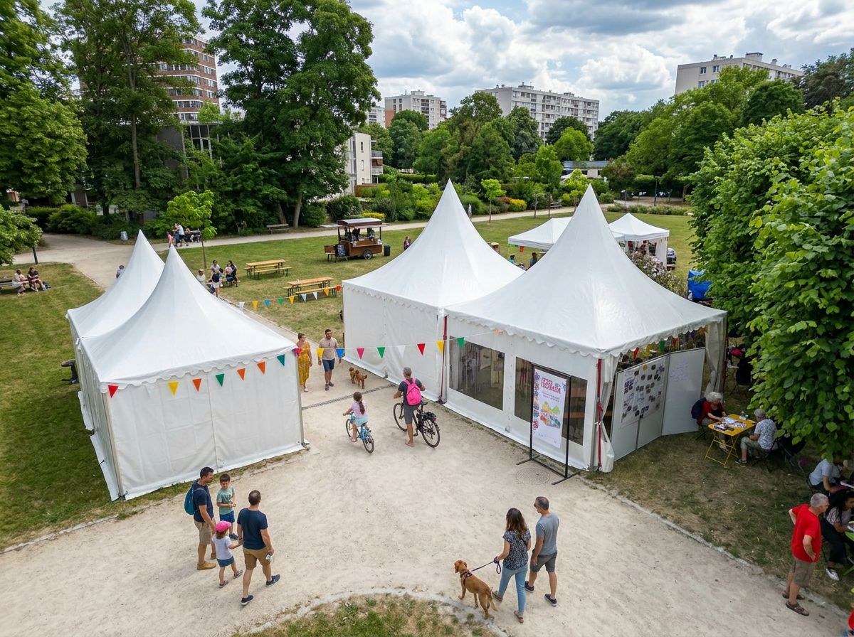Pagodes installées pour une manifestation dans un parc